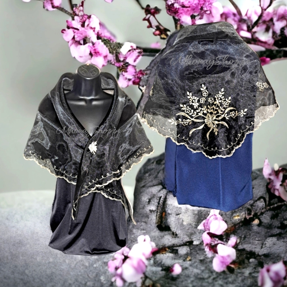 Black-Modern Embroidered Filipiniana Alampay – Handmade Organza Scarf